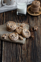 Oatmeal cookies with chocolate chips. on a wooden background. snack