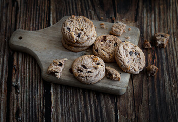 Oatmeal cookies with chocolate chips. on a wooden background. snack