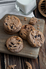 Oatmeal cookies with chocolate chips. on a wooden background. snack