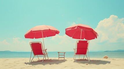Two vibrant red umbrellas offer a vivid contrast to the soft blue sky and sandy shores on a sunny day