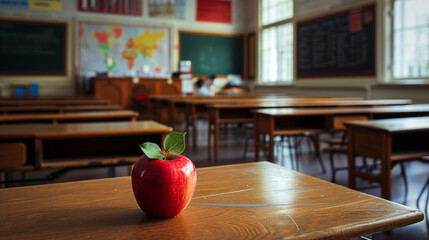Single Red Apple on Wooden Desk in Empty Classroom With Chalkboards and Maps