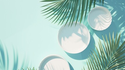 Fototapeta na wymiar Creative arrangement of white bowls with tropical palm shadow patterns on turquoise backdrop