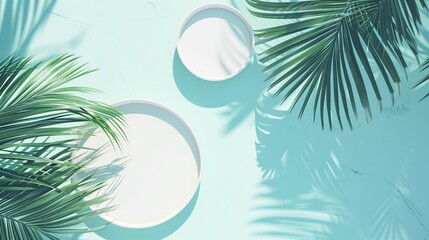 Fototapeta na wymiar Stylish composition of white dishes and palm leaf shadows on a pale aqua background