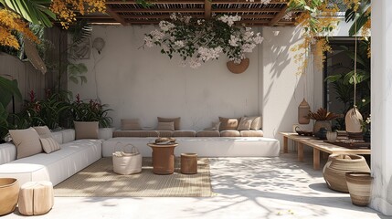 Stylish patio with modern outdoor furniture, woven baskets, and flowering plants