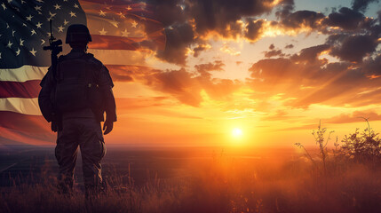 Fototapeta premium Soldier Standing in Front of American Flag, Patriotism and National Pride