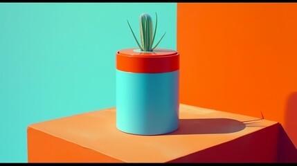 A single cactus plant positioned inside a vibrant modern pot, placed on a geometric surface