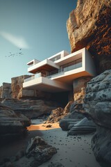 Futuristic villa with geometric architecture nestled between rocky cliffs by the sea under a clear sky