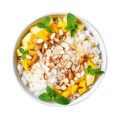 Rice Bowls with Coconut Milk Almonds Mango on a plate isolated on transparent background Remove png, Clipping Path, pen tool