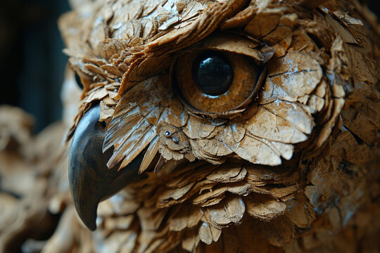 An image of a cork owl, with feather details made from sliced cork and bead eyes.