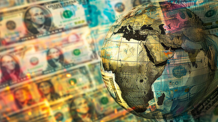 Transparent Globe Overlaying Various International Banknotes Representing Global Economy