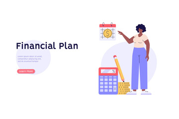 Planning schedule, business event and financial plan. Person with schedule planning business process and finance budget plan. Vector illustration in flat cartoon design for web banner, UI