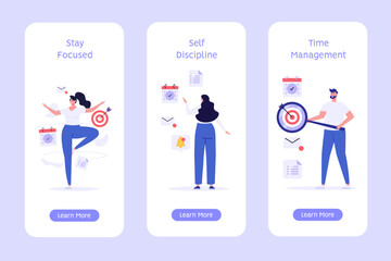 Stay focused concept. People working with aim, schedule and new letter. Work in focus, productivity, self discipline. Goal achievement. Vector flat illustration for mobile app, onboarding screen