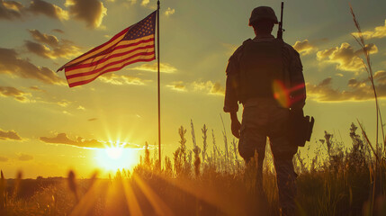 Soldier Standing in Field With American Flag