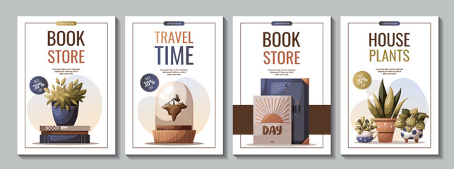 Set of Flyers with books, potted plants, glass dome. Bookstore, bookshop, gardening, reading, traveling, hobby concept. Vector illustration for banner, promo, poster.