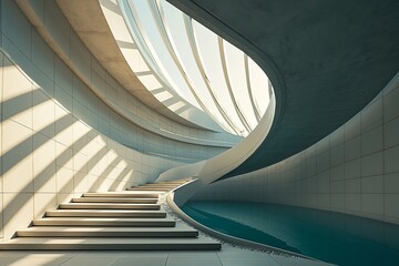 Futuristic spiral staircase bathed in natural sunlight, showcasing elegant lines and modern design