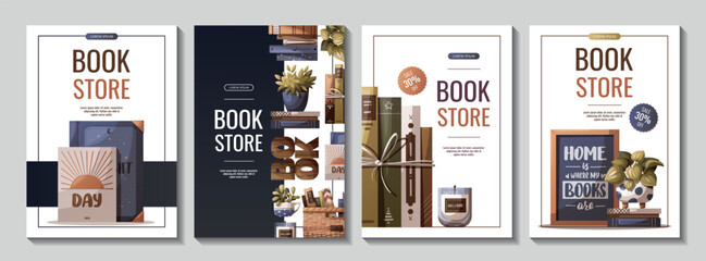 Set of flyers with books, potted plants and wooden word "book". Bookstore, bookshop, book lover, reading, interior concept. Vector illustration for advertising, banner, promo.