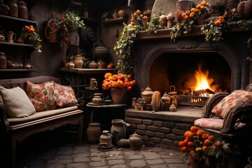 Design a room in a house in ancient slavic style with abundant use of wood, overlooking a winter street.