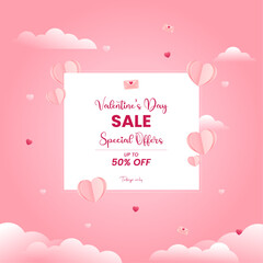 Fototapeta na wymiar Happy Valentine's Day Sale Poster or banner with valentine elements on pink background. Promotion and shopping template for love and Valentine's day. 