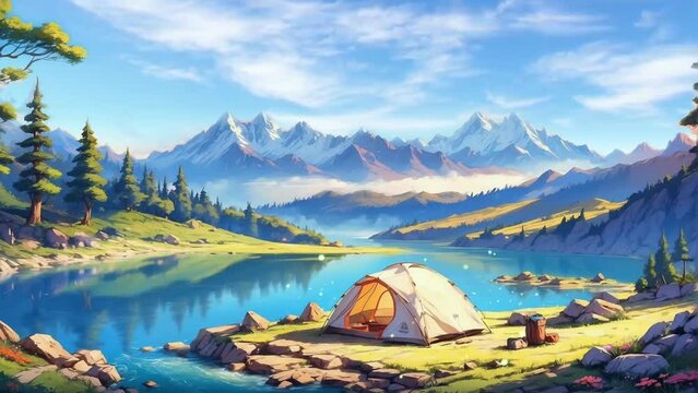 camping on the edge of a lake with mountains in the background in anime japanese  illustration style	