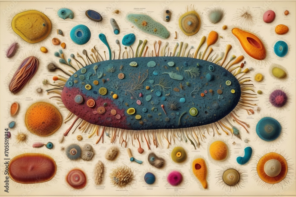 Poster close-up of multicolored bacteria under a microscope, macro photos of microorganisms.