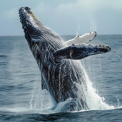An impressive humpback whale emerges from the sea, surrounded by a cascade of ocean spray under a clear sky