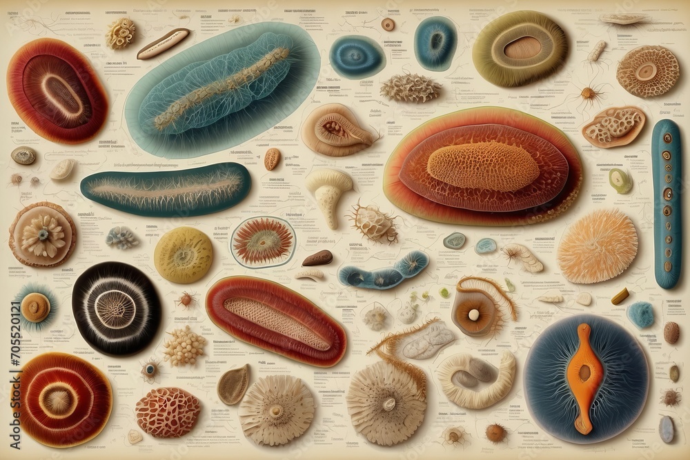 Poster close-up of multicolored bacteria under a microscope, macro photos of microorganisms.