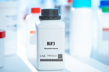 BiF3 bismuth(III) fluoride CAS 7787-61-3 chemical substance in white plastic laboratory packaging - obrazy, fototapety, plakaty