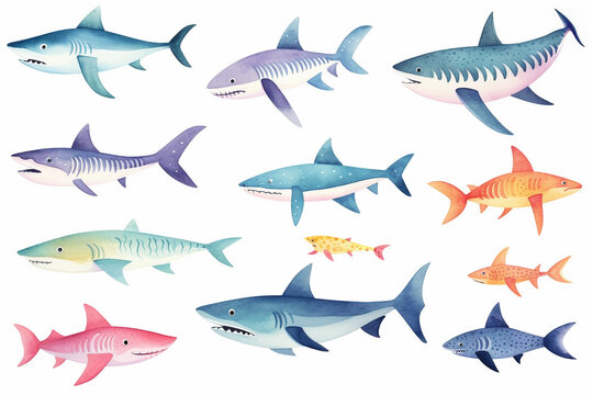 Set of watercolor paintings Shark fish on white background. 