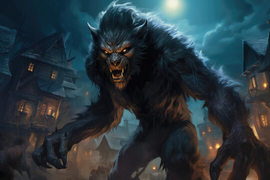 Werewolf caught in the act of transforming, with an eerie moonlit village in the background