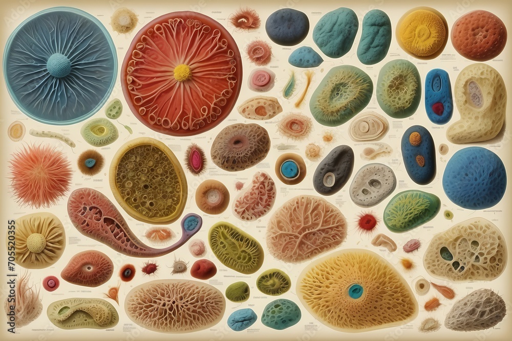 Poster close-up of multicolored bacteria under a microscope, macro photos of microorganisms.