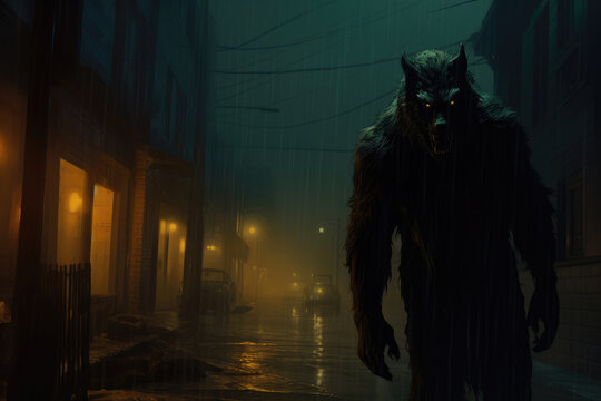 A stealthy werewolf lurking in a misty urban alleyway, under dim streetlights