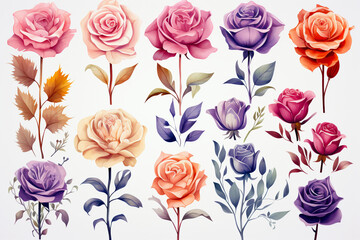 Watercolor paintings rose flower symbols On a white background.