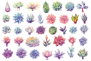 Set Of Watercolor paintings Succulents on white background. 