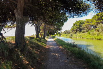 Fototapeta premium Ballade en vélo le long du Canal du Midi, Canal de la Robine, Occitanie, Aude