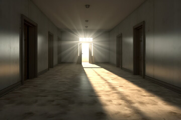 Illuminated Journey through the Serene Empty Corridor: A Doorway to Hope in the Modern Interior
