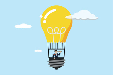 Search for new business opportunity, business visionary, challenge or achievement concept, businessman riding light bulb balloon using spyglass or telescope searching for vision.