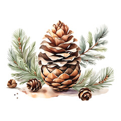 Watercolor painting of pine cones and fir branches isolated on transparent background. Christmas illustration for design, invitation, template, greeting card, artwork