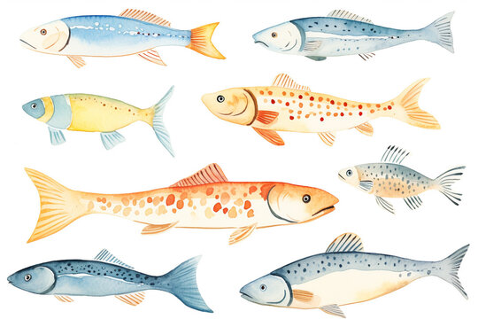 Set of watercolor paintings sea fish on white background. 