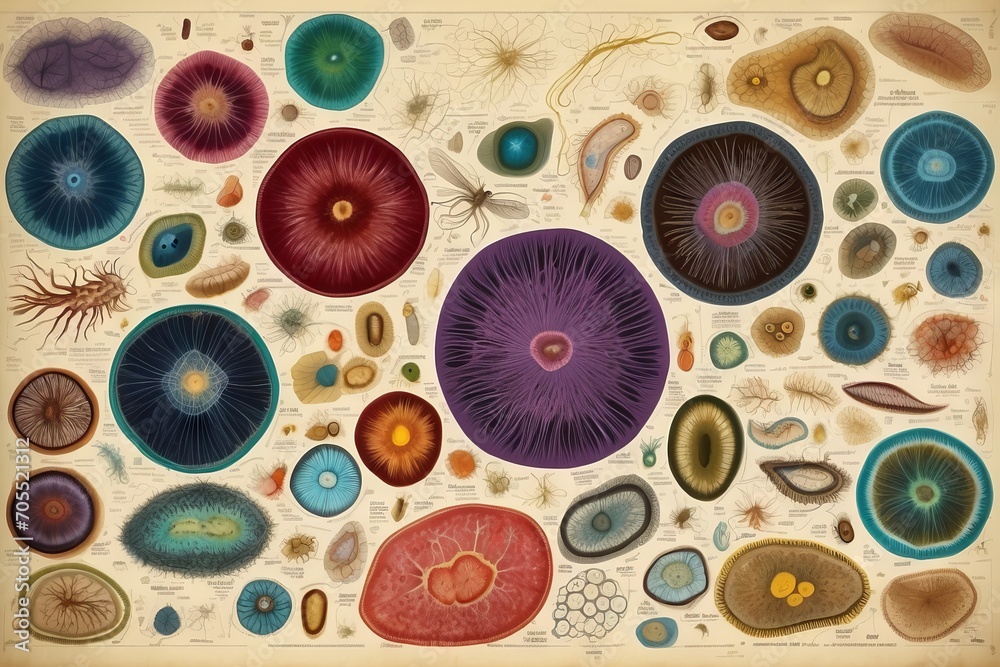 Poster close-up of multicolored bacteria under a microscope, macro photos of microorganisms.