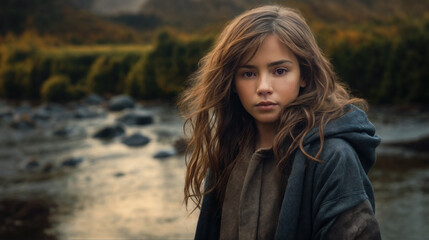 A portrait of a young girl with long brown hair posing on a deserted beach.