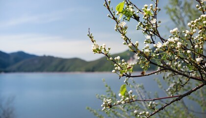 Blossoming unripe flower tree branches in natural background