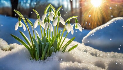 Fototapeta premium Przebiśniegi rosnące w ogrodzie w promieniach słońca. W tle wczesnowiosenny ogród z topniejącym śniegiem. Symbol wczesnej wiosny