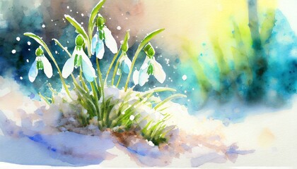 Przebiśniegi rosnące w ogrodzie w promieniach słońca. W tle wczesnowiosenny ogród z topniejącym śniegiem. Symbol wczesnej wiosny - obrazy, fototapety, plakaty