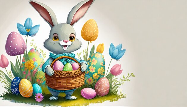 Zajączek wielkanocny z koszykiem pełnym pisanek otoczony wiosennymi kwiatami na białym tle