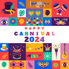 Happy Carnival  2024 colorful geometric background with splashes  speech bubbles  masks and confetti for cover, poster, social media template . vector illustration