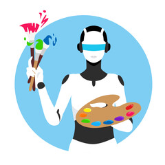 絵筆とパレットを持つロボットが人工知能で絵を描く様子のベクターイラスト。丸いシェイプの背景。