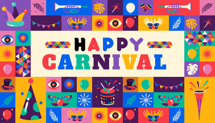 Happy Carnival  2024 colorful geometric background with splashes  speech bubbles  masks and confetti for cover, poster, social media template . vector illustration