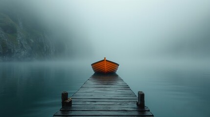 Inspirational photo background of  a single boat on a calm misty lake with reflections in the water creating a dreamy, ethereal atmosphere. Generative AI