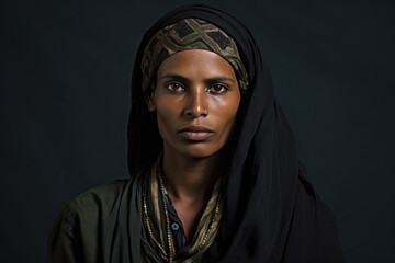Portrait of a Hijra community leader, a man in formal women's attire, authoritative and graceful - obrazy, fototapety, plakaty