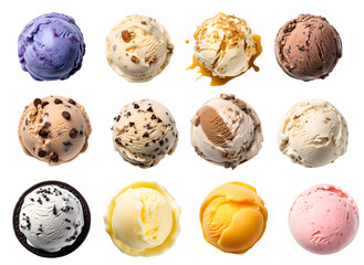 ice cream scoop ball on transparent background cutout, top view. PNG file. Many assorted different flavour